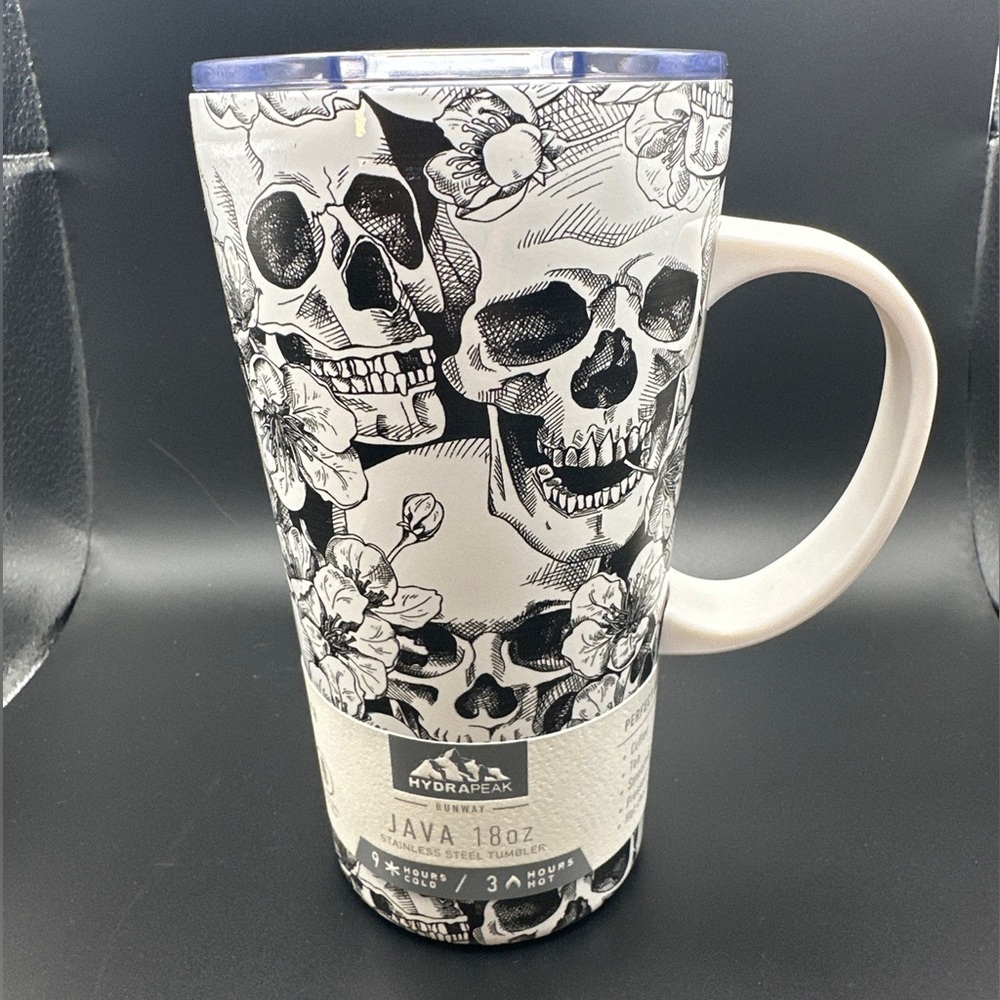 HydraPeak ~ SKULLS & FLOWERS Java 18oz Stainless Steel Tumbler w/ Handle ~ NEW